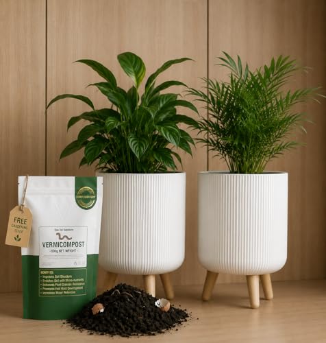 Image of SR Modern Flower Pot with Plastic Legs | Indoor Outdoor Planter for Home Garden Balcony Decor Ribbed Design (White Pack of 2) | with Free Vermicompost Fertilizer for Plants (500gm)