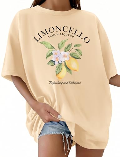 Image of HEEKPEK Women Oversized T Shirts Summer Tops Cotton Casual Lemon Print T-Shirt Ladies Short Sleeve Tshirts Plus Size Crewneck Graphic Baggy Tee Shirts Blouse (Beige, XXL)
