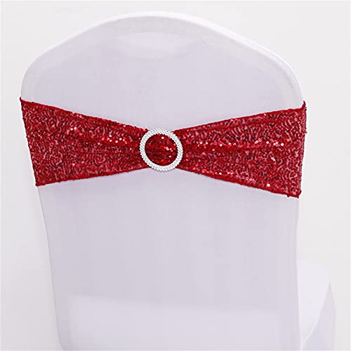 Dimatic 50 PCS Stretch Sequin Chair Sashes Chair Stretchy Spandex Bands for Wedding Reception Events Banquets Chairs Decoration (Red)