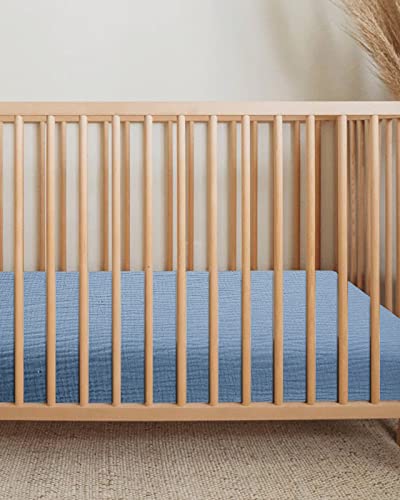 Image of Crib Sheets for Boys Girl, Fitted Baby Toddler Bed Sheets 28 inch x 52 inch, Neutral Muslin Cotton Crib Mattress Bedding Soft and Breathable Comfort (Costume Blue)