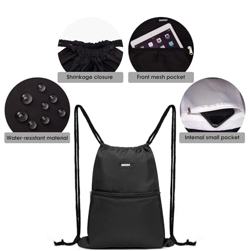 WANDF Rucksack mit Kordelzug Turnbeutel Sportbeutel Gym Bag Mit Aussentasche Verstellbar Tunnelzug Gymsack für Damen Herren Kinder mit Innentasche 11 Liter für Sport und Reisen (A - Schwarz)