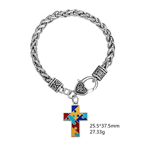 Autism Awareness Bracelet - Puzzle Pieces Love Heart Cross Charm - Classic Charms Bracelet - Gift for Autistic Population2