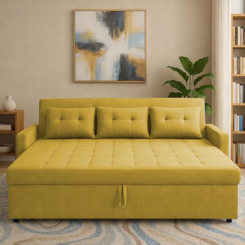 Image of Casaliving Treshta 3 Seater Pull-Out Premium Fabric Sofa Cum Bed Sofa Set for Living Room (Yellow Fabric Color) Premium Fabric Sofa Set for Living Room Sofa Cum Bed