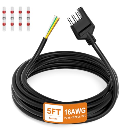 Adullama 4 Way Trailer Wiring Harness 5FT Jacketed Cable, 16AWG 4 Pin Flat Trailer Extension Connector Trailer Wire 4 pin Trailer Wiring Harness, Pure Copper