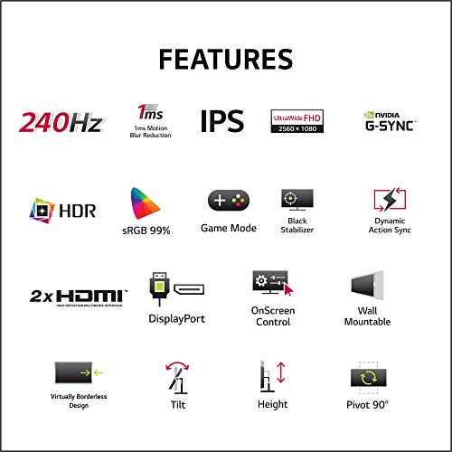 LG Ultragear 27" 240Hz, 1ms, GSync Compatible, HDR 10, IPS Display Gaming Monitor, Height