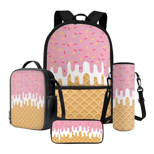 Ice Cream Printed 4 Pcs School Backpack for Kids Girls, Portable School Bag Large Capacity Students Knapsack with Lunch Box Water Bottle Holder