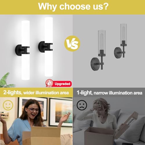 Image of Wall Sconces Set of Two, Matte Black Bathroom Sconces Wall Lighting with Milky White Glass, Hardwired Modern Sconces Wall Decor Set of 2 Bathroom Light Fixtures for Mirror Living Room Hallway Bedroom