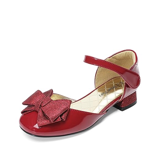 DREAM PAIRS Girls Dress Shoes Closed Toe Low Heels Ankle Strap Bow Ballet Wedding Party Sandals Princess Flower Shoes for Little Kid 10 Toddler Dark Red