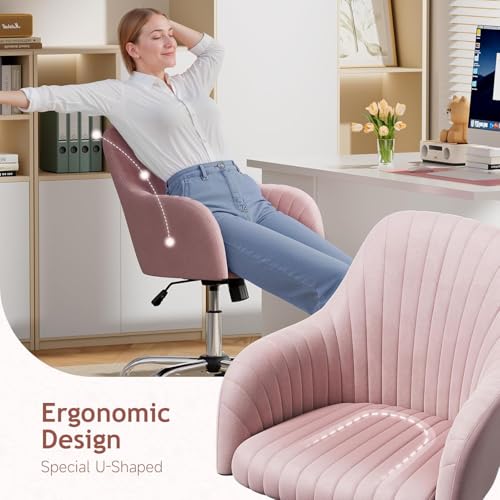 Image of Velvet Desk Chair for Home Office, Adjustable Swivel Task Chair Modern Computer Vanity Chairs with Arm Rest for Bedroom Living Room Make-up Room (Pink Light)