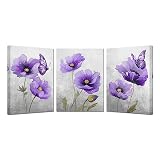 Picture of KREATIVE ARTS 3 Pieces Flower Canvas Wall Art Flower Poppy Blossom Picture Wall Decor Floral Painting Framed Poster for Bathroom Easy to Hang Each Panel 12x16 Inch (Purple)