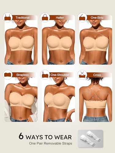 Image of Strapless Bras for Women, XS-XL, Front Closure Anti-Slip Comfortable Bandeau Top, Wavy Edge Padded Bra