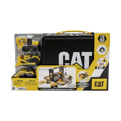 Image of CAT Construction Toys, Store N Go Playset - Tin Travel Case Transforms into Multi-Level Worksite, Includes 2 Little Machines Vehicles & 10 + Accessories, Portable STEM Toy for Kids Ages 3 +