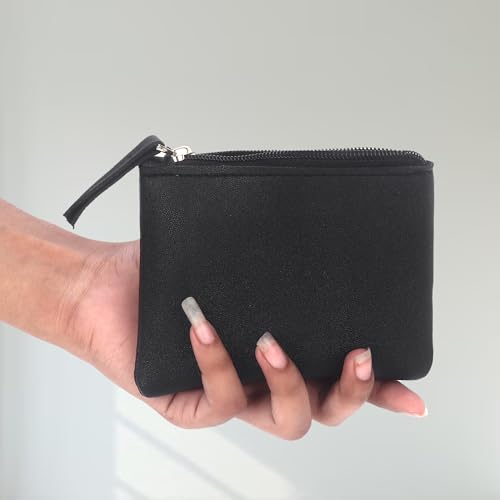 Image of Small Vegan Leather Coin Purse Pouch, Minimalist Zipper Wallet Set in Black and Beige, Compact Money Organizer, Makeup Pouch (Black-Cream)