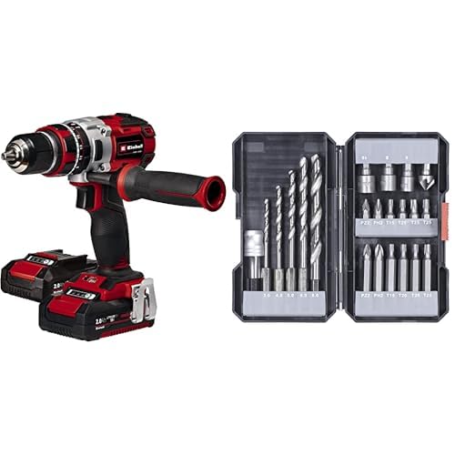 Einhell Atornillador inalámbrico TE-CD 18Li-i Brushless Power X-Change con función de impacto, 18V, 2 velocidades, 60 Nm, luz LED, maletín, 2 baterías de 2,0Ah y cargador +Kit de brocas/ puntas