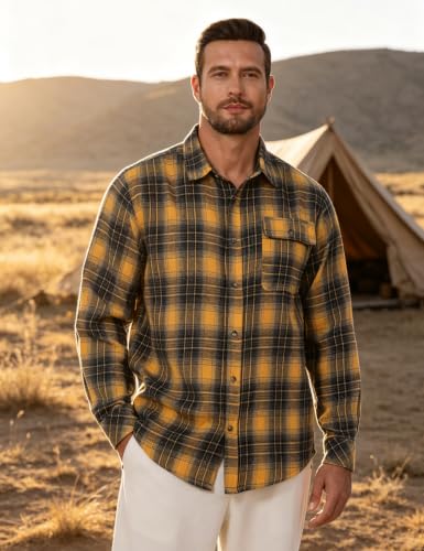 Drazivon Mens Button Down Long Sleeve Cotton Flannel Shirt Plaid Yellow 2XL - image 2