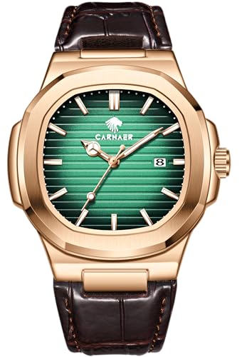 Image of Men Octagonal Rose Gold Luxury Watch for Boy Black Striped Dial, Date Display, Luminous Markers, 30M Waterproof, Leather Strap, Quartz Movement