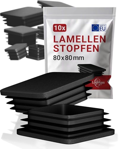 LouMaxx 4 Lamellenstopfen 80x80 mm - Rohrabdeckung schwarz Stopfen für Vierkantrohr 80x80 mm - Quadratische Rohrstopfen aus robustem Kunststoff - Pfostenkappen als Abdeckkappe