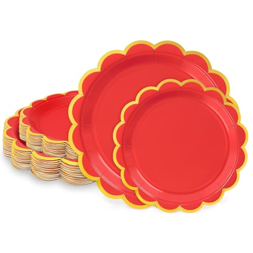 LIKAJON 50 Pcs Red Paper Plates Disposable, 25 Pcs 9" & 25 Pcs 7"