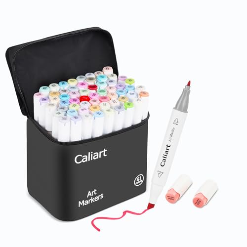 Image of Caliart Pastel Alcohol Markers, 61 Colors Fine & Broad Chisel Dual Tip Permanent Art Markers with Carrying Case, Alcohol Based Sketch Pens for Adults Artists Coloring Painting Drawing Illustration