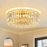 Faibra 17.3' Gold K9 Crystal Raindrop Flush Mount Ceiling Light, Modern Chandelier, Round Luxury Light Fixture for Dining Room, Bedroom, Hallway, Kitchen Island & Living Room