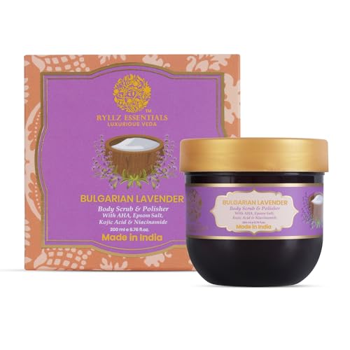 Image of RYLLZ ESSENTIALS Bulgarian Lavender Body Scrub & Polisher | with AHA, Epsom Salt, Kojic Acid, Niacinamide & Glycolic Acid | for Dead Skin Cells, Ingrown Hair & Skin Feeling Smoother /Polished | 200 ml