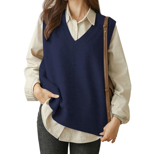 Image of Wowcarbazole Womens V Neck Sweater Vest Casual Ribbed Knitted Sleeveless Trendy Pullover Tank Tops Fall