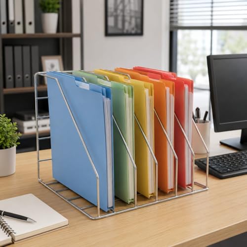 Image of Zepdos Stainless Steel File Organizer Rack for Desk, 6 Slot Magazine Holder & Document Organizer Stand, Wall Mounted Office File Holder for Books, Files Rack | Home & Office Desk Organizer