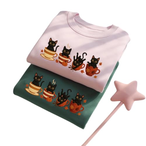 Embroidered Black Cat Halloween Sweatshirt, Cute Pumpkin Fall Sweater, Spooky Season Shirt, Cozy Autumn Top, Cat Lover & Coffee Gift