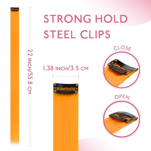 Image of WENNALIFE 12 PCS Orange Hair Extensions Clip in, Colored Clip in Hair Extensions for Kids Highlights Rainbow Hair Clips for Girls Synthetic Straight Pop-up Style Colorful Girls Hair Accessories