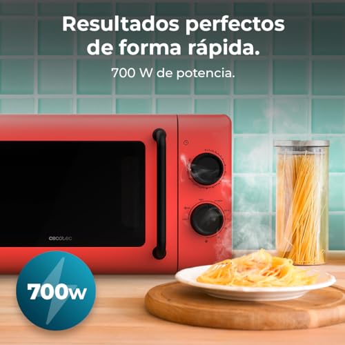Cecotec Mechanische Mikrowelle mit Grill 20L Proclean 3110 Rot. 700W in 6 Stufen und 800W Grill, Auftaumodus, Garzeit-Endsignal, Innenleuchte, 30-Minuten-Timer, Rotes Design