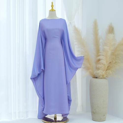 Image of Women Abaya Dress Ramadan Eid Summer Satin Islam Muslim Batwing Sleeve Maxi Dress Kaftan Robe Ramadan Clothes