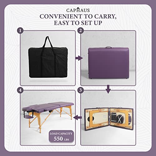 CAPHAUS Premium Memory Foam Massage Table, 84 Inch Foldable & Portable, Height Adjustable Spa Bed, Facial Cradle Salon Bed, Wooden Legs & Carry Case, 28 Inch Wide, Purple - Thumbnail 4