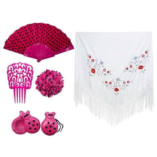 Carnavalife Pack Accesorios Flamenco para Mujer, Mantón con Flores Flamencos Sevillana para Fiesta de Baile, Pinzas de Pelo Tradicional, Abanicos en Diseño Flamenco (Fucsia/Blanco)