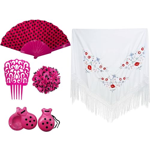 Accessoires Flamenco femme avec châle fleur et éventail fuchsia blanc Carnavalife