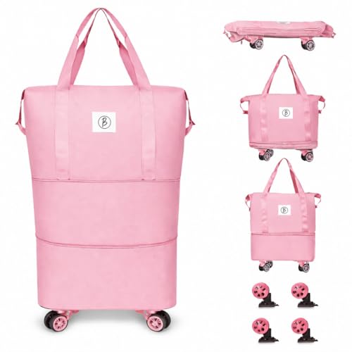 Image of Btag Travel Duffle Bag with Wheels | Convertible Handbag, Trolley & Shoulder Luggage for Clothes |Space-Saving Foldable Travel Companion |Expandable & Waterproof Traveling Bag for Unisex (Sakura Pink)