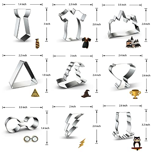 Witchcraft And Wizardry Cookie Cutters Set 9-Piece Halloween Witch And Wizard Cookie Cutter With Witch's Hat, Glasses, Lightning Bolt, Owl, Magic Castle, Triangle, Goblet Of Fire Cup, Robe And Tie #TOP1