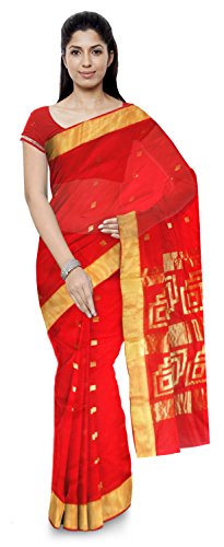 CHANDERI HANDLOOM Cotton and Silk Saree with Blouse Piece (Red and Gold)