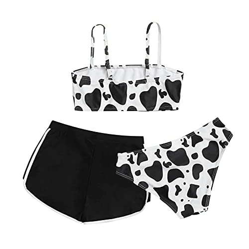 Ternos para bebês meninas com suspensório, estampa de vaca, calção de banho, 3 peças, roupa de banho