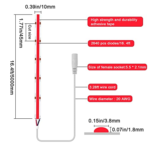 Tatazone 528 Leds/M Red Bright Cob Led Strip Lights, 16.4Ft Dc24V Flexible Cob Led Light Strip, Cuttable High Density Led Strip Lights For Kitchen, Bedroom, Cabinet, Living Room, Curtain #TOP6