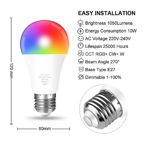Smart WiFi LED Bulb, Alexa Light Bulbs E27, 10W Colour Changing Light Bulb, 1050LM, APP Control, Compatible With Alexa/Google Home, RGB+CCT, Dimmable, 2700K-6500K, No Hub Required, 1 Pack(2.4GHz Only) - Image 3