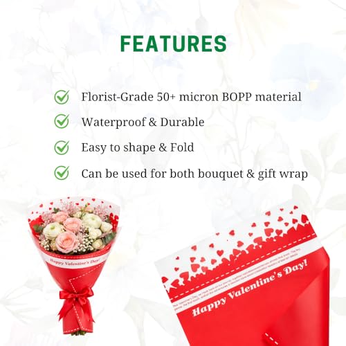 Image of Oasis - 20 Sheets Korean Style Waterproof Premium Bouquet Wrapping Sheet (58cm x 58cm, 60 Microns) | Valentine Special Design, Giftwrap for Flowers & DIY Gift Wrapping Paper For Valentines Day - Red