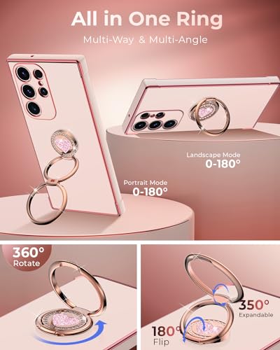 Image of XYZ for Galaxy S24 Ultra Case with Stand, for Samsung Galaxy S24 Ultra Case with Double Ring, Women Girls Bling Luxury Protective Phone Case Heart for Samsung S24 Ultra, Pink