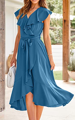 Image of PRETTYGARDEN Women's 2023 Summer Wrap Maxi Dress Casual Boho Deep V Neck Short Sleeve Ruffle Hem Split Beach Long Dresses, Grey Blue, M