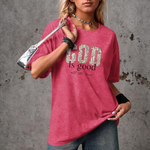 Image of Christian God is Good Shirts for Women Jesus Faith Religious T Shirts Floral Graphic Oversized Acid Washed Tee Tops