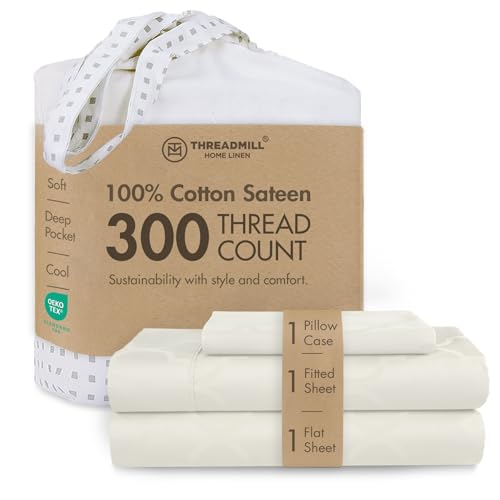Image of Threadmill 300 Thread Count Cotton Twin Sheet Set, Sateen, Jacquard, Ivory | 100% Cotton, Sateen Weave, Jacquard Pattern, 3-Piece Set, 16 inch Deep Pocket, Cooling, Breathable, OEKO-TEX Certified