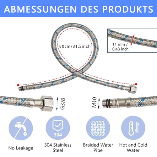 Aiyraa 2 Stück 80cm Panzerschlauch 3/8 Zoll, Anschlussschlauch Armatur G3/8 x M10, Wasseranschluss Verlängerung, Flexschlauch Armatur, Wasserschlauch Flexibler Schlauch für Mischbatterie Küche Bad