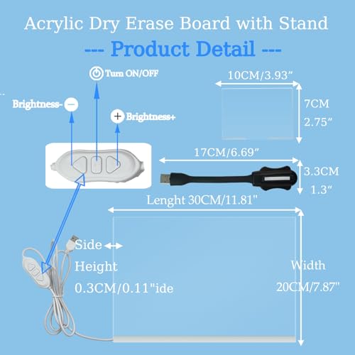 Laysinly Trockenwischbare Acryltafel mit Schreibtischständer, 30 x 20 CM , LED-Tafel für Note Plan, 7-Farben-Stift, USB-Stromversorgung