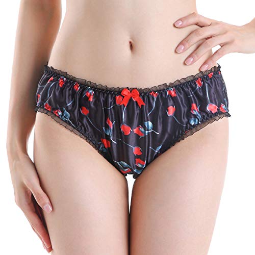 Frauen Sexy Dessous Satin Floral Bikini Höschen Schlüpfer (Schwarz XXL)