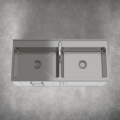 Image of SIMPLIHOME Modern Wide Shaker All-in-One 46 inch Wide Utility Sink and Laundry Cabinet in Glacier White Finish, Transitional Stainless Steel Sink Cabinet for Laundry Rooms with High-Arch Chrome Faucet