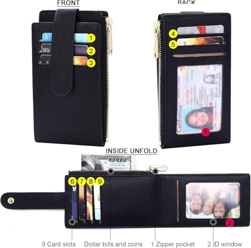Image of VOGARD RFID PU Leather Card Holder Wallet for Women Slim Wallets Bifold Multi Card Case Zipper Coin Purse (Black)